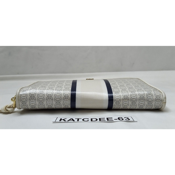 Tory Burch Gemini Ivory Gray Coated Canvas Link Stripe Zip Around Wallet - Picture 7 of 16